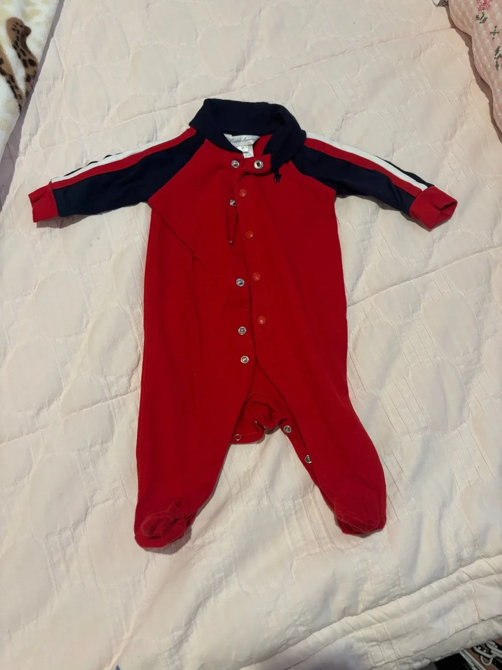 Ralph Lauren Red and Navy Stripe-Trim Footed Baby One-Piece